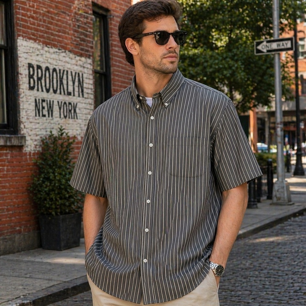 Van Heusen Men's XL Gray Striped Button-Up Shirt Urban Officecore Minimalist
